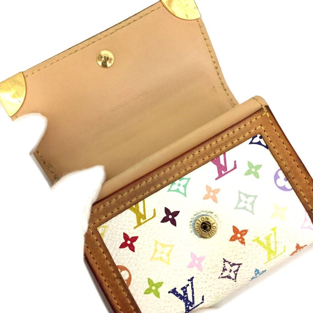 Vintage Louis Vuitton petite wallet with multi color logo print on white leather & lots of card slots