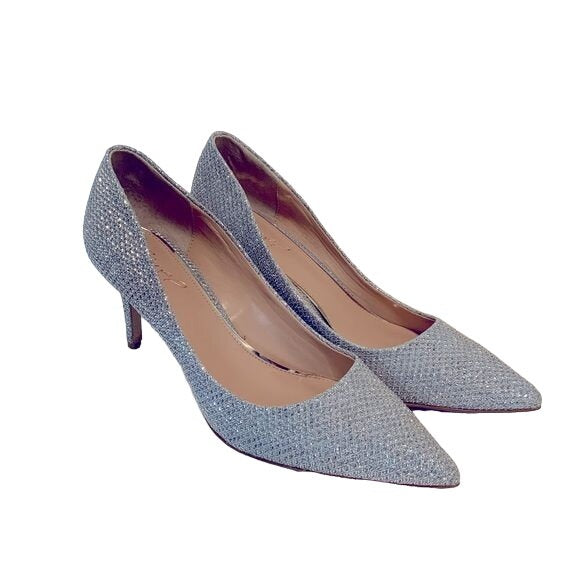 Badgley Mischka Silver Glitter Studded Party Pumps