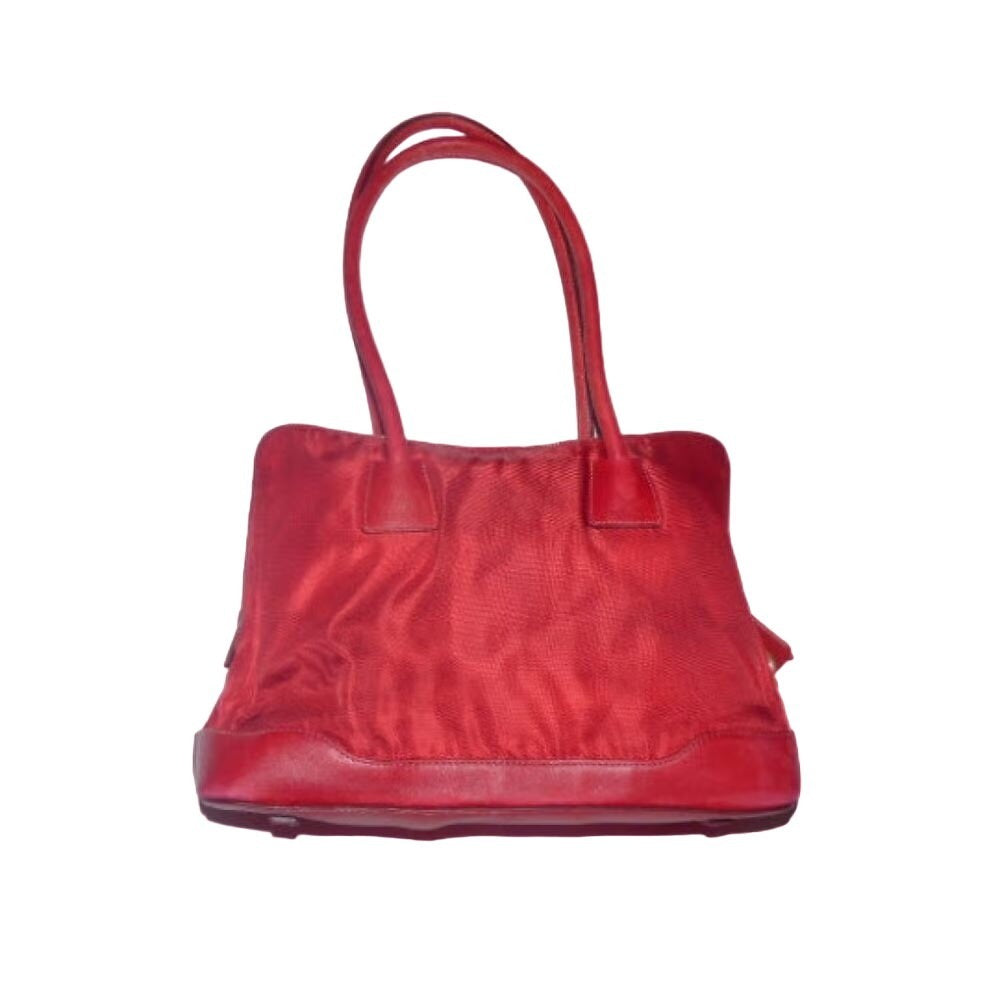 Prada nylon & red leather shoulder bag w chrome & lock/key