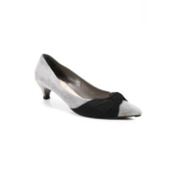 Miu Miu, RETRO, Size 8, Grey Suede, Kitten Heels w Black Fabric Knot