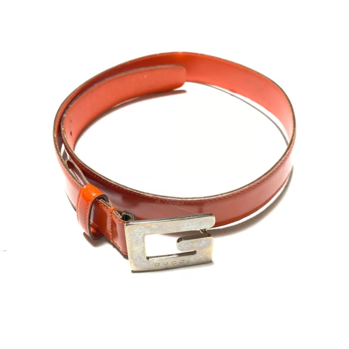 GUCCI Red Leather Belt w Chrome Square G Buckle
