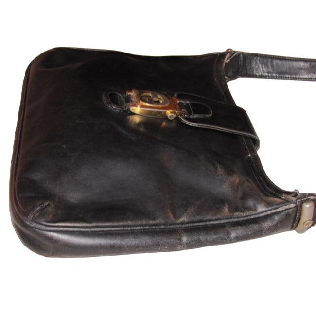 1950s Gucci Vintage Bluish Black Leather Jackie Hobo Bag