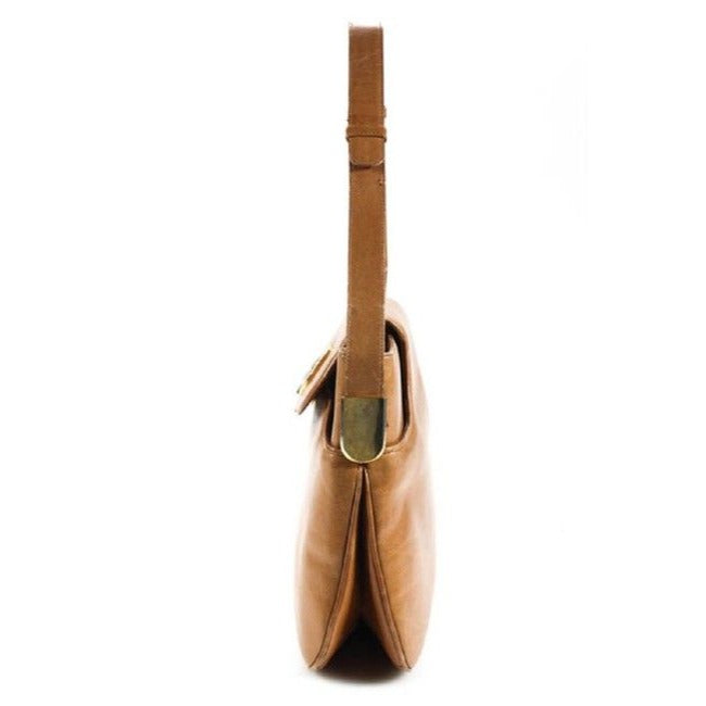 Gucci 1973 camel leather handbag w gold GG & lots of room