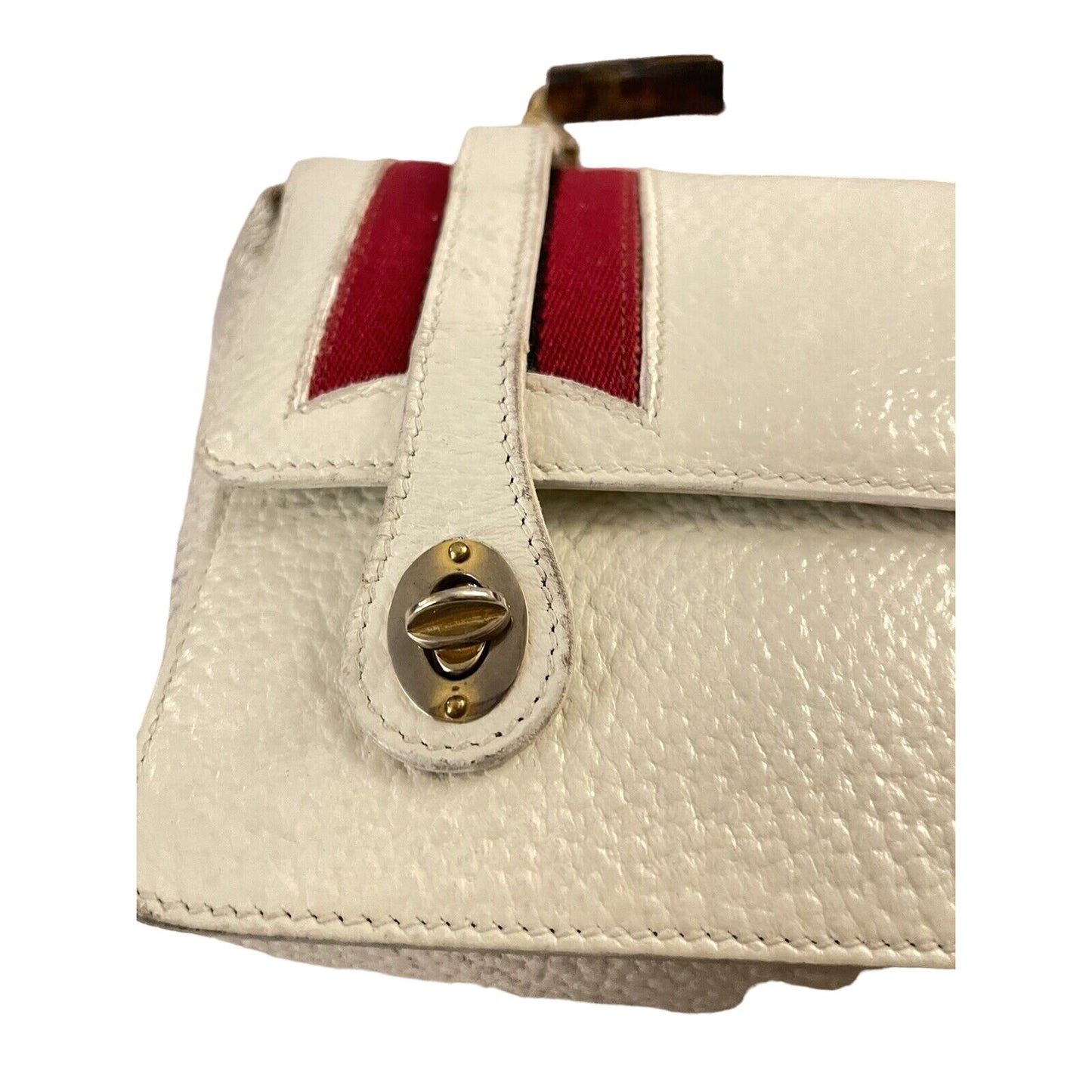 RARE Gucci white leather lunchbox bamboo bag w red & blue stripes