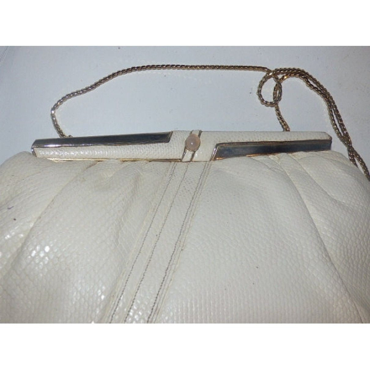 Vintage, AMAZING, early, Judith Leiber, cream, snakeskin leather, evening bag with gold & rose quartz accents and a collapsible chain strap