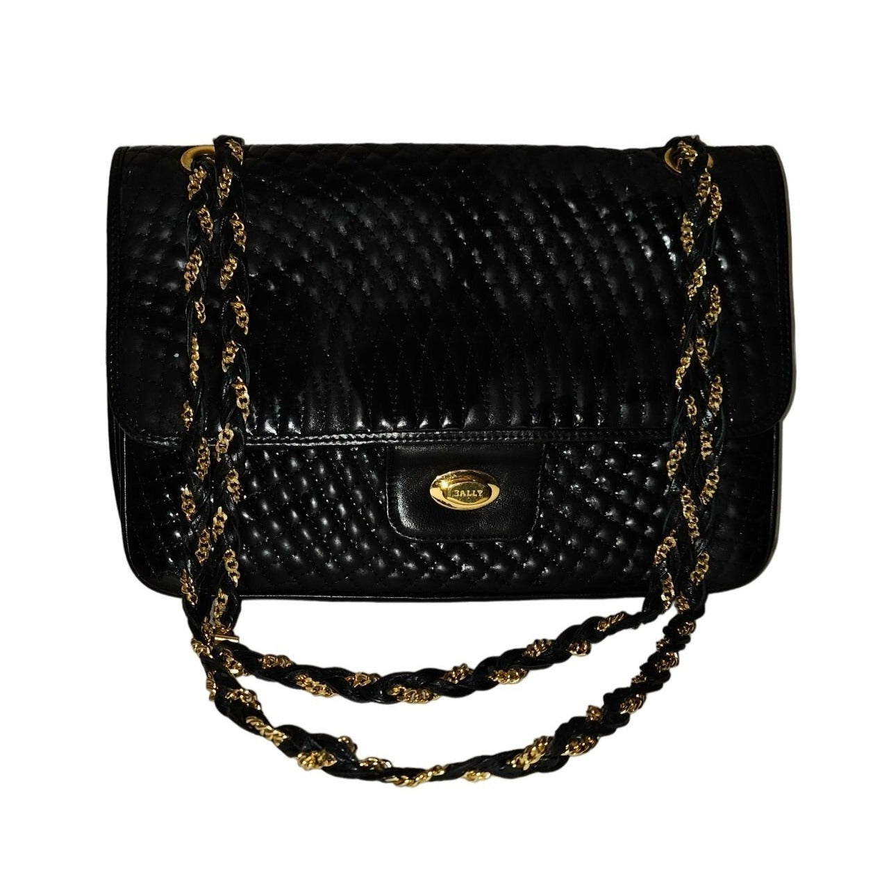 Bally black quilted leather large shoulder bag w chain strap