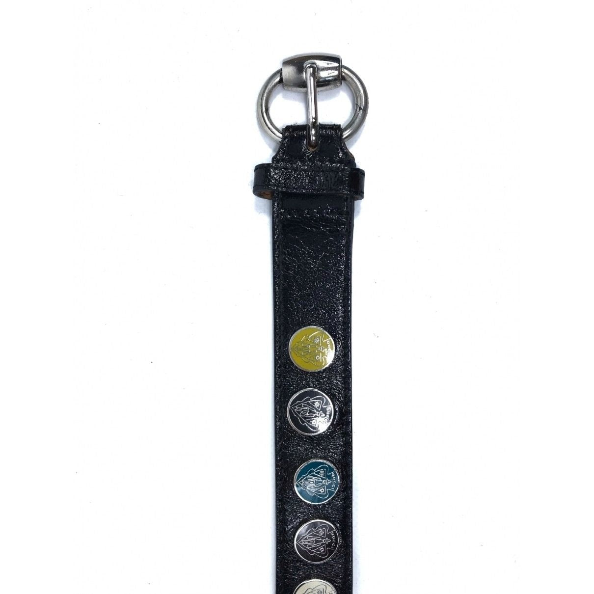RARE, Gucci, black leather belt with a round, chrome, buckle, yellow, black, white & teal enamel & chrome engraved w the Gucci crest