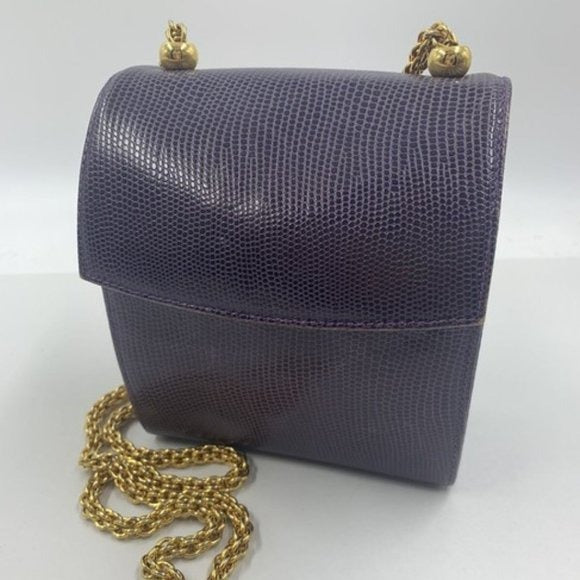 Henri Bendel Purple Reptile Boxy Purse w Gold Chain Strap