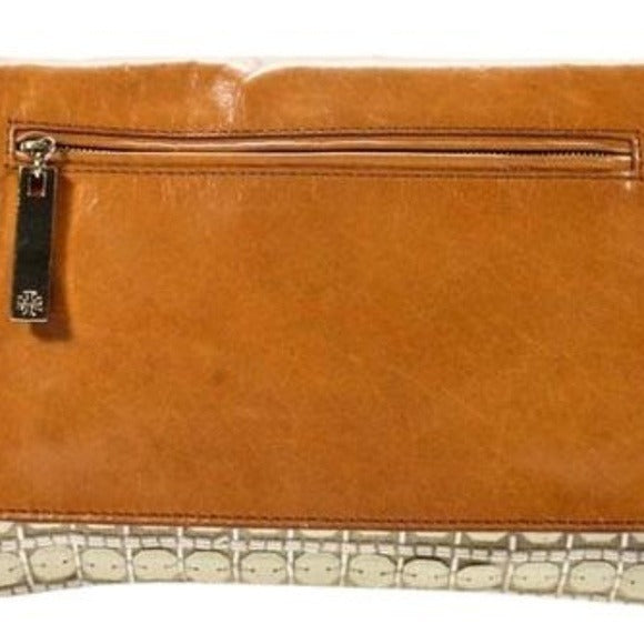 Tory Burch Iridescent Ivory Beaded Canvas Leather Clutch