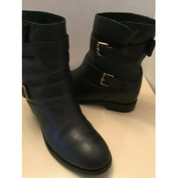 Kate Spade 'Sabina', size 8, black leather biker style ankle boots with pull on closure