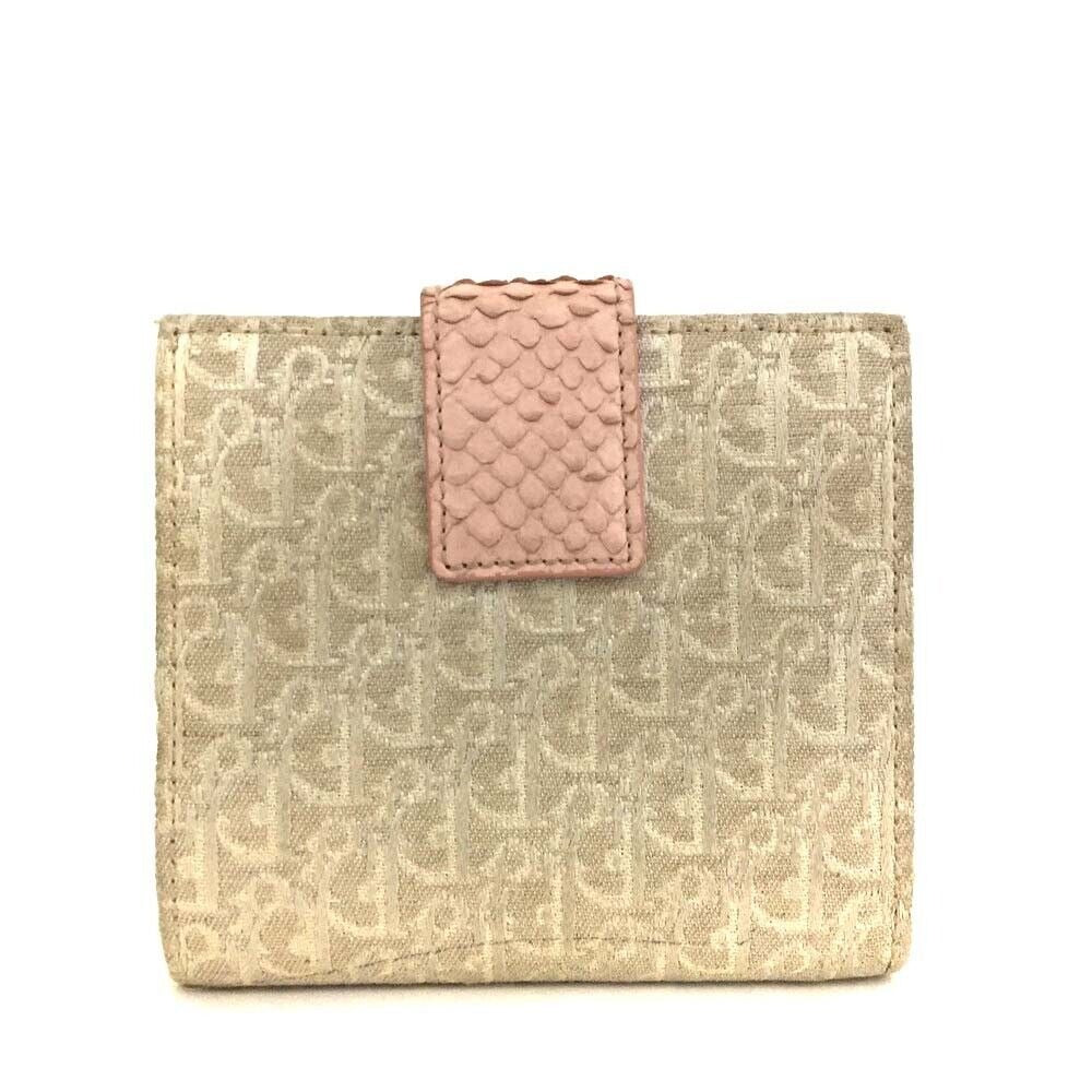 RARE, Christian Dior, pink lizard & tan canvas wallet w a white Diorissimo trotter print, a chrome 'Dior' plaque, & lots of slots for cards