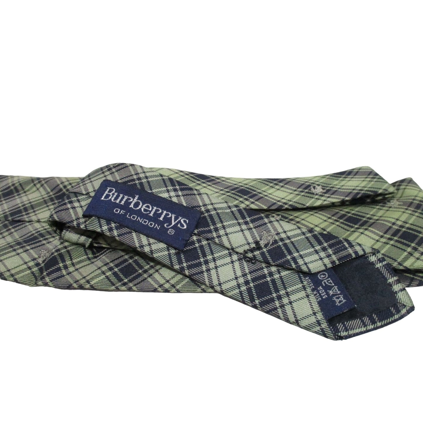 Vintage Burberry's of London tie made of 100% silk with an iconic plaid print with knights in shades of blue, yellow, and green