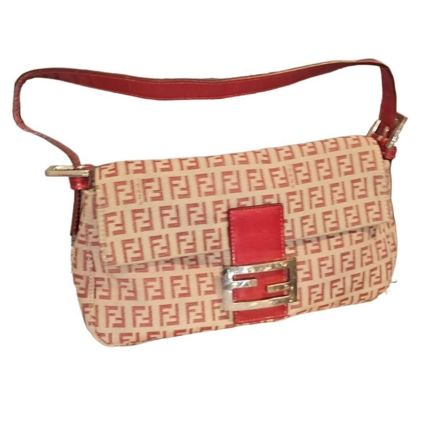 Fend red Zucchino print baguette bag w chrome FF clasp
