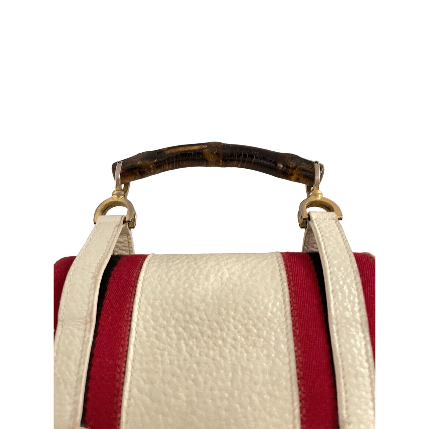 RARE Gucci white leather lunchbox bamboo bag w red & blue stripes