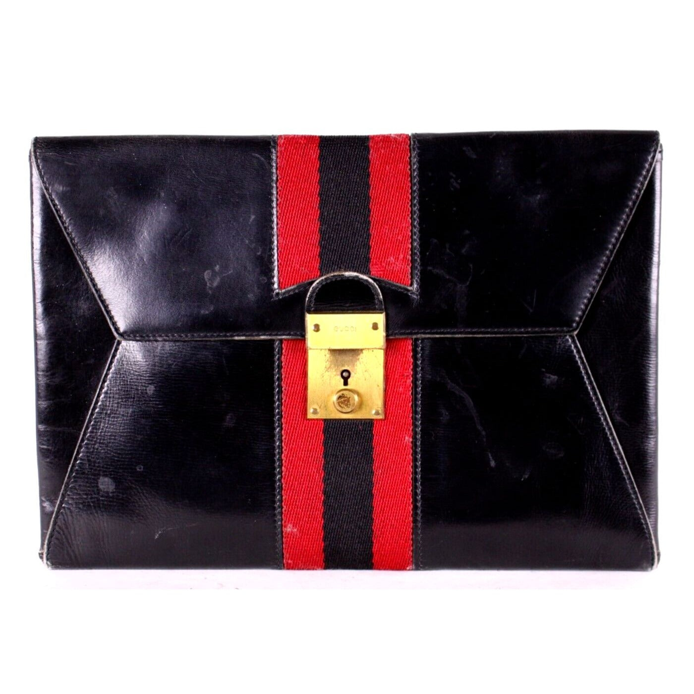Vintage, Gucci, midnight blue leather, clutch, portfolio, or tablet holder with a wide, red and navy Sherry stripe