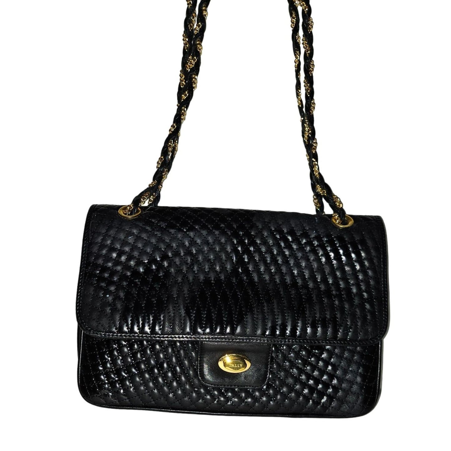Bally black quilted leather large shoulder bag w chain strap