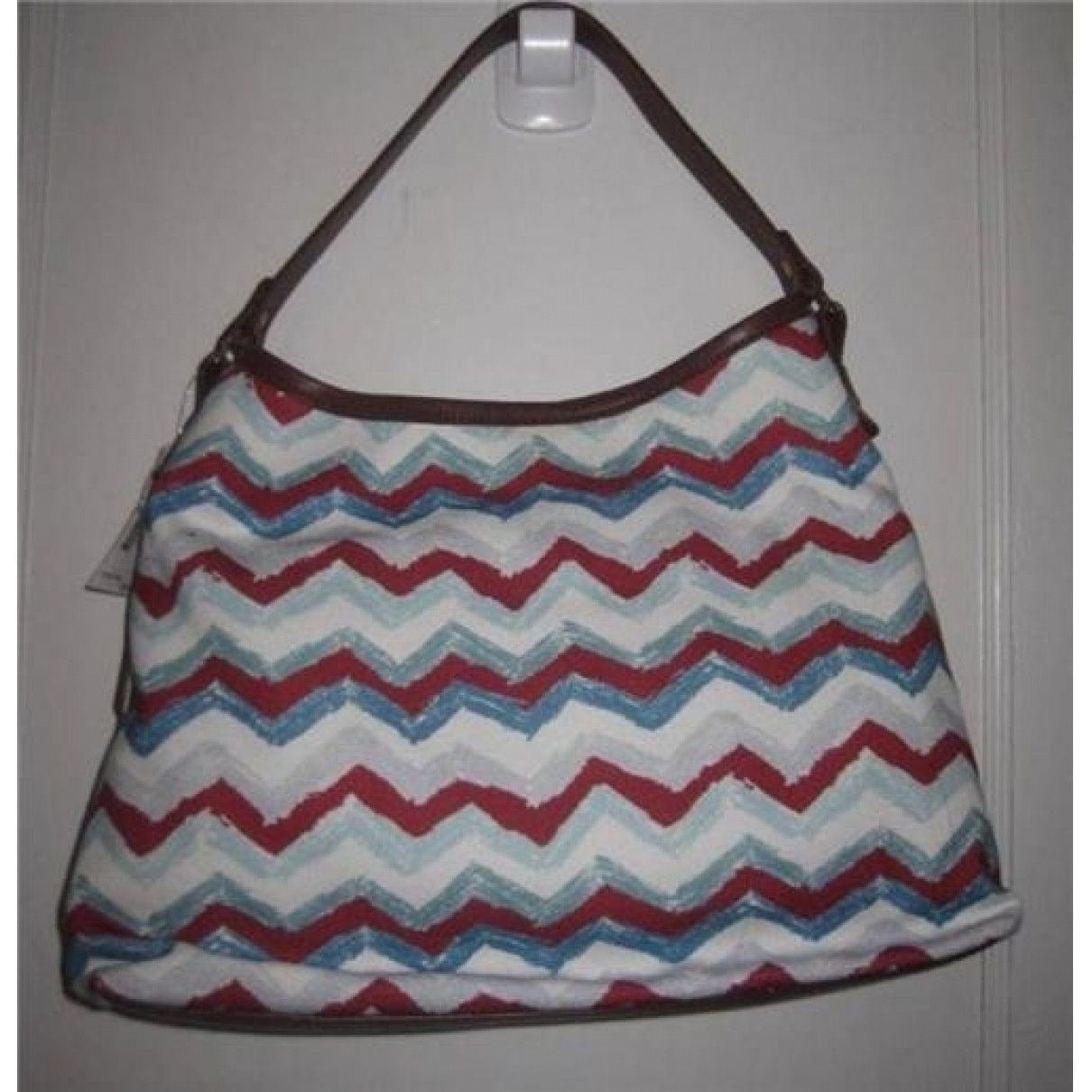 AMAZING, Missoni, NWT, red/white/blue chevron print canvas and tan leather shoulder bag