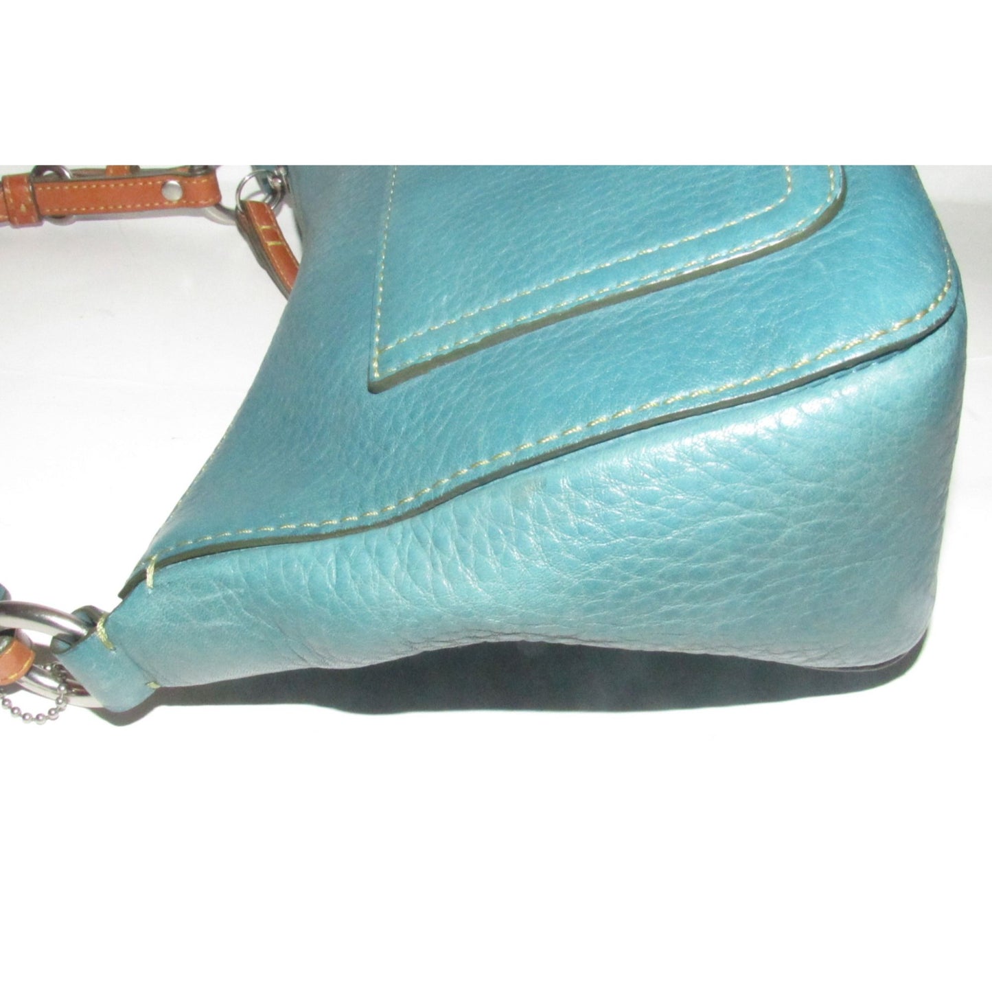 Coach, 'Chelsea' hobo, in a teal soft leather, hobo style purse with a brown, strap with unique chrome buckles