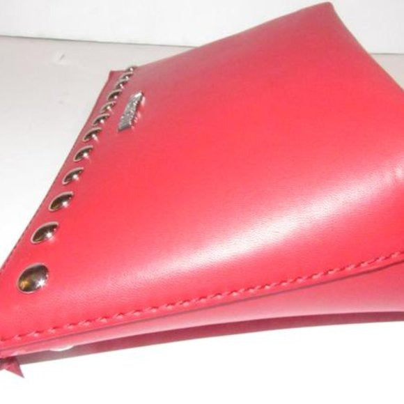 AMAZING, NWT, Moschino, true red leather, retro, clutch or cosmetic bag with chrome studs, a zip top closure, an XL engraved chrome zipper fob, and polished chrome hardware