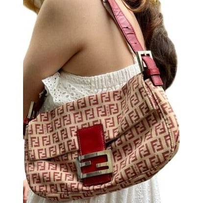 Fend red Zucchino print baguette bag w chrome FF clasp