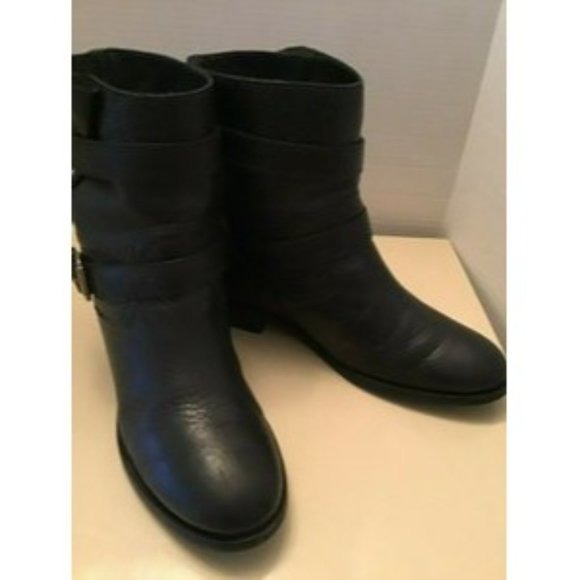 Kate Spade 'Sabina', size 8, black leather biker style ankle boots with pull on closure