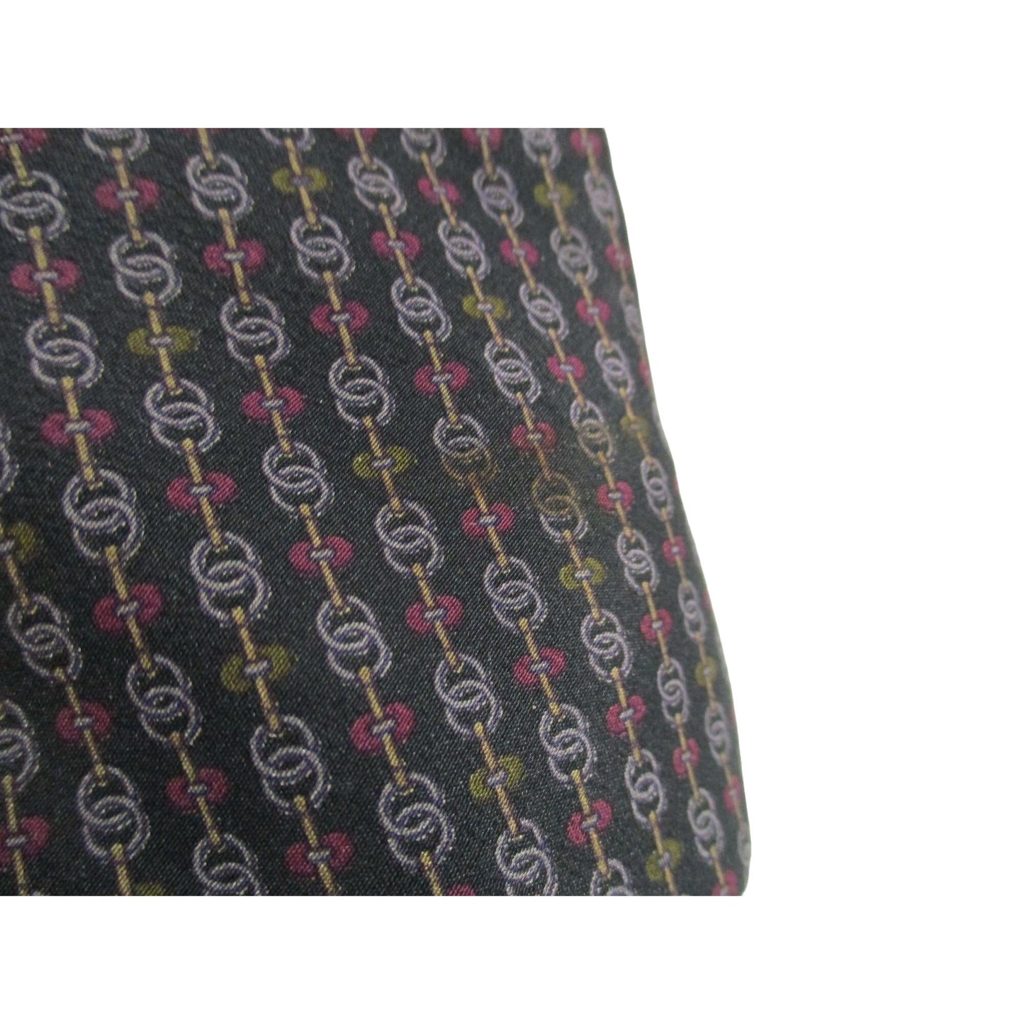 vintage Celine tie made of 100% silk with a logo print in shades of blue with green and red/pink.