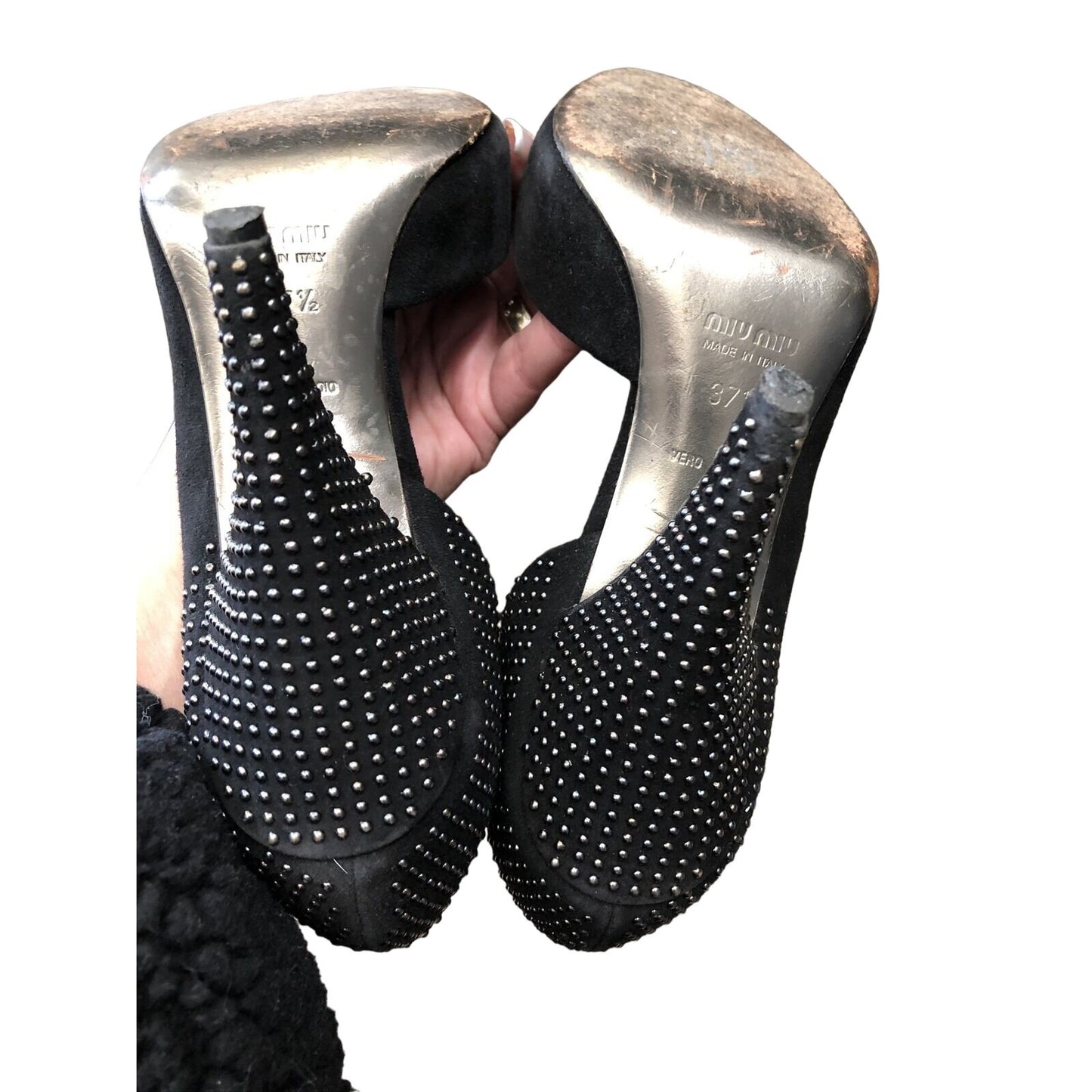 Miu Miu black suede geometric d'orsay heels w chrome studs