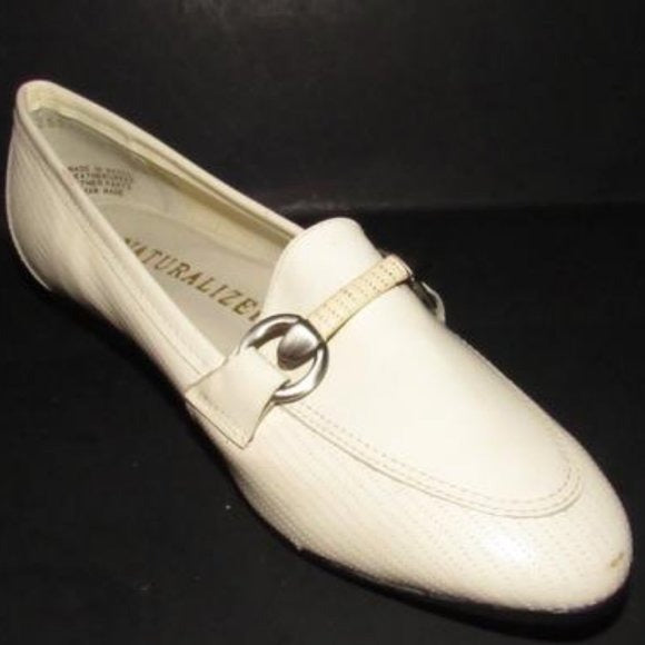 Naturalizer White Patent Loafers with a Bamboo Horse-bit Accent