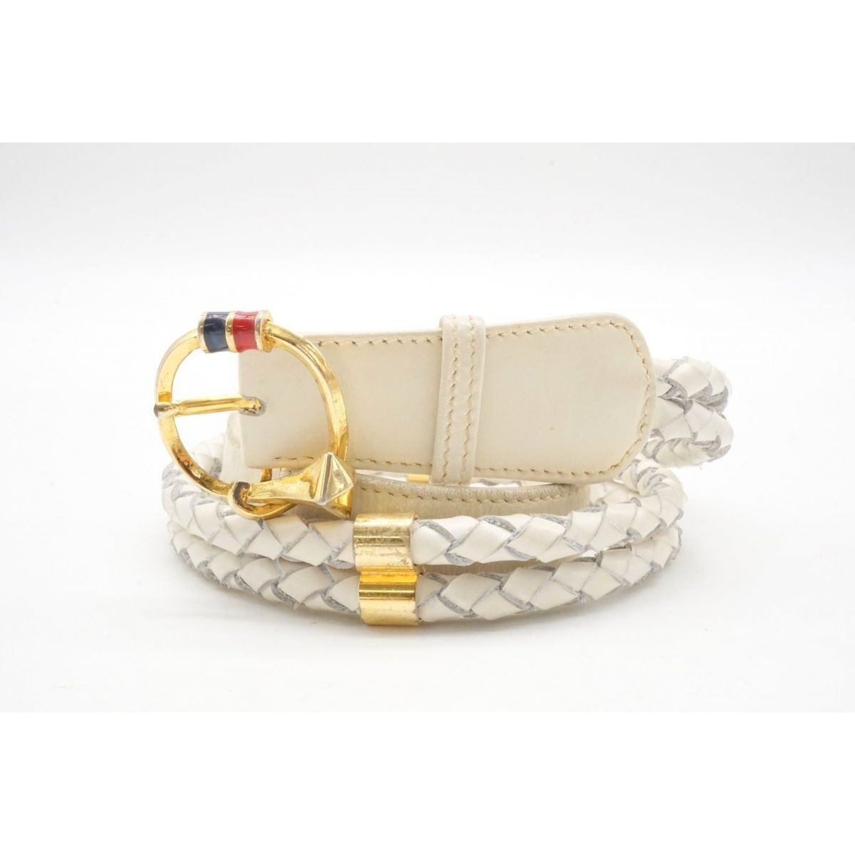 vintage, Gucci, size 80/32, white leather belt with a round, gold buckle with red and blue enamel & two braided leather strands
