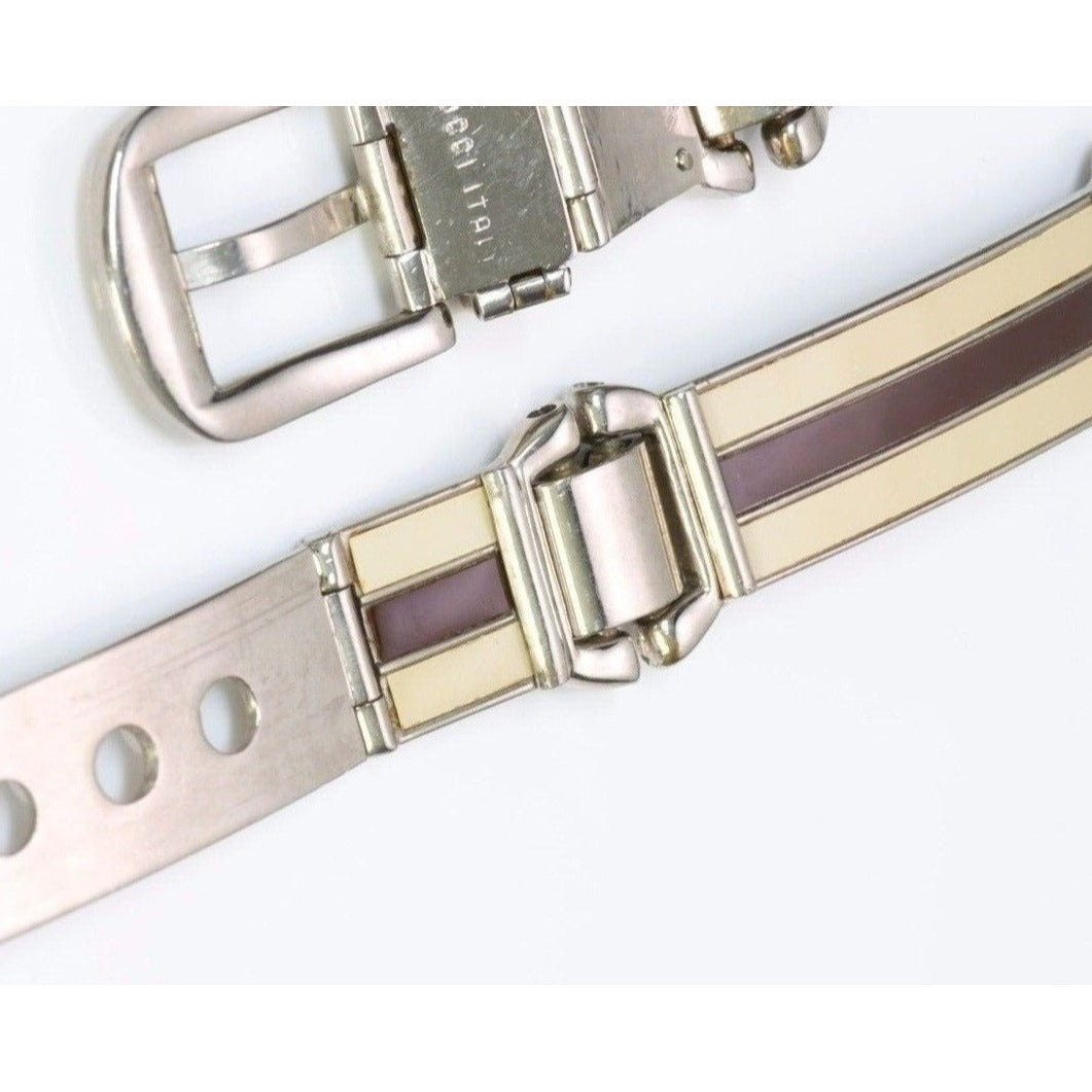 Gucci Sylvie chrome w ivory & red enamel stripes skinny belt