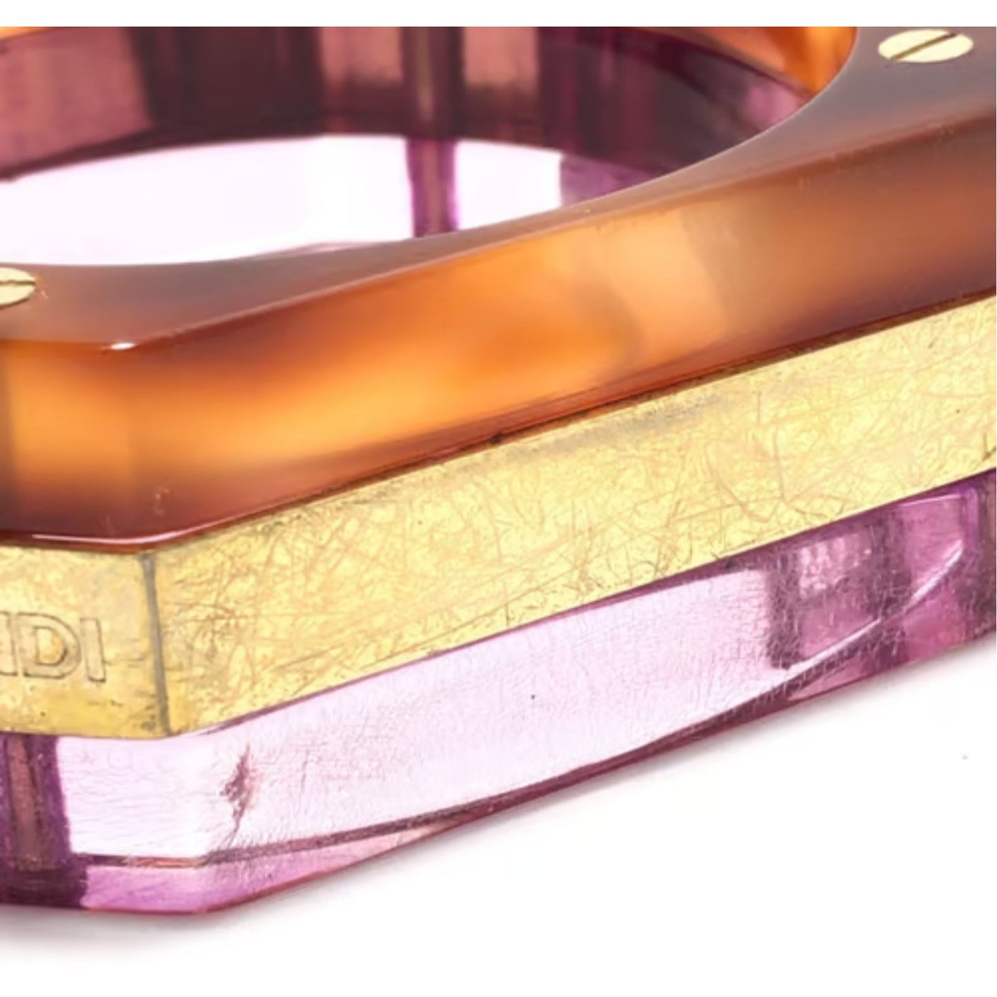 RARE, vintage, Fendi tri-color square resin/Lucite bangle in purple, gold, & tortoise shell