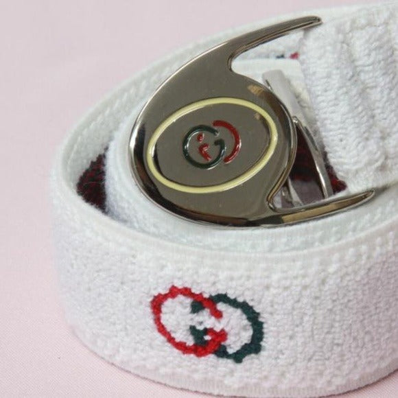 Gucci NOS White Terry Cloth Belt w Red Green Enamel