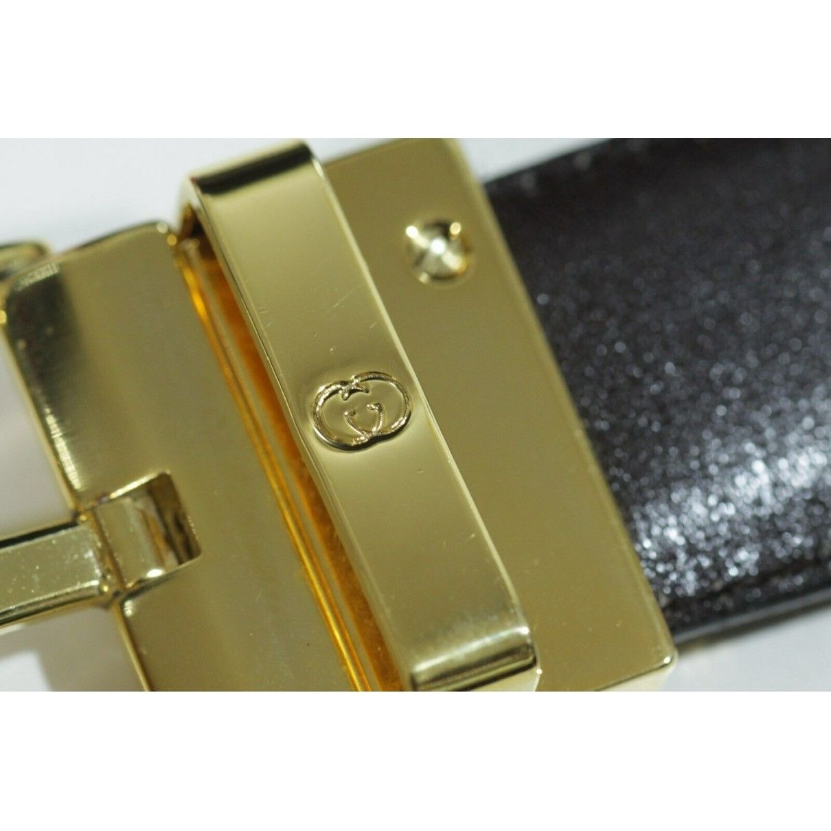 Vintage, NOS, Gucci, brown or black leather, 38" - 42", reversible belt with a removable, rectangular, gold tone buckle with red and green