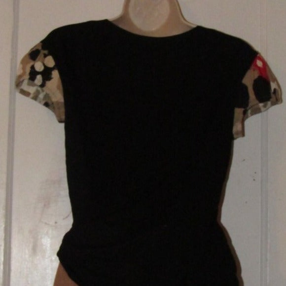Moschino, size 10, black, 100% rayon knit top with a scoop neck, four button front placket, pearly buttons, and red, brown, white, black abstract floral print cap sleeves