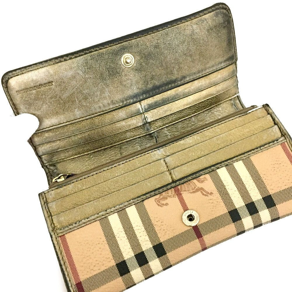 Burberry, Nova Check Plaid w knights & pewter leather XL wallet w a zip close change purse, multiple slots & compartments, & chrome hardware