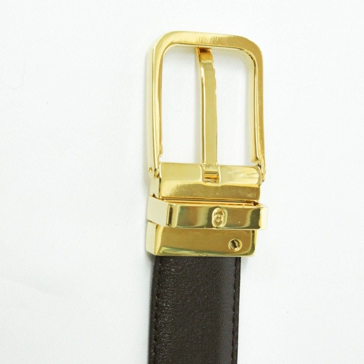 Vintage, NOS, Gucci, brown or black leather, 38" - 42", reversible belt with a removable, rectangular, gold tone buckle with red and green