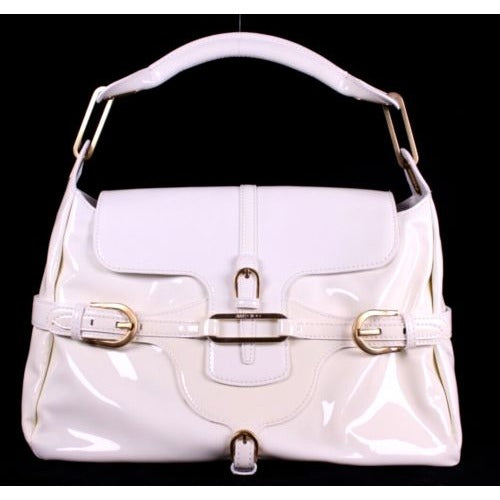 Jimmy Choo pale yellow glossy leather shoulder bag with gold hardware & belted sides