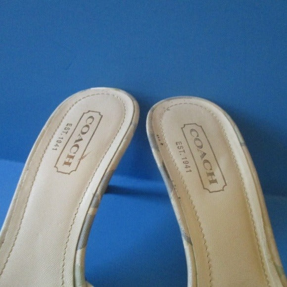 COACH Logo Print Canvas & Leather, Mule Style Slides in Shades of Ble and White with Stacked Heels