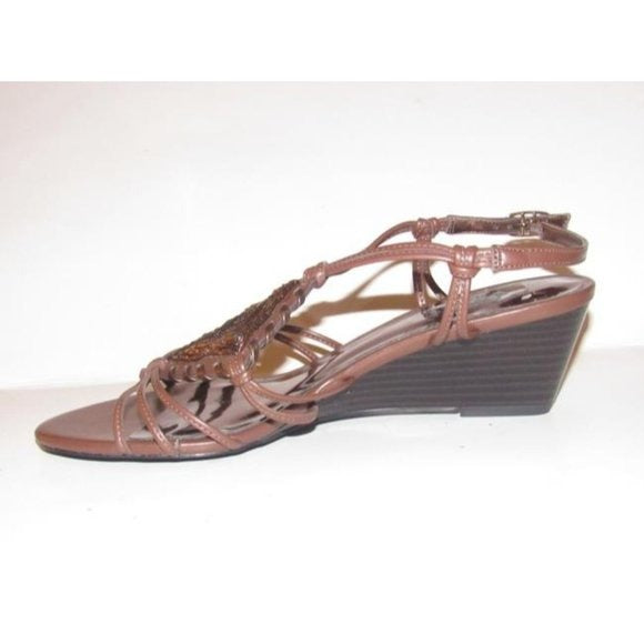 Carlos Santana Brown Strappy Leather Wedge Sandals
