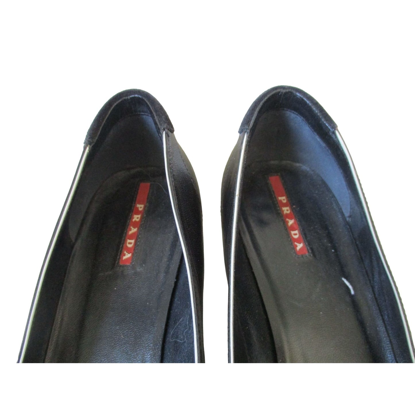 Prada Sport black leather 37.5 kitten heels with suede accents and white bows and white tonal stitching