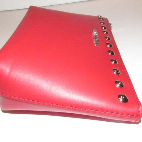 AMAZING, NWT, Moschino, true red leather, retro, clutch or cosmetic bag with chrome studs, a zip top closure, an XL engraved chrome zipper fob, and polished chrome hardware