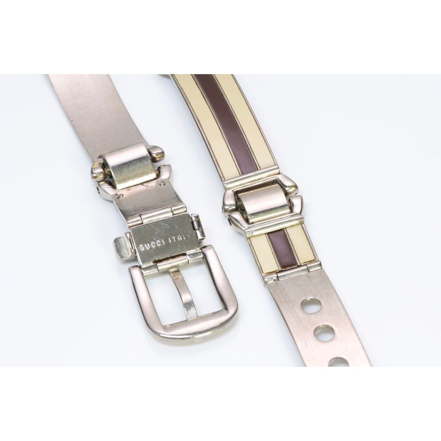 Gucci Sylvie chrome w ivory & red enamel stripes skinny belt