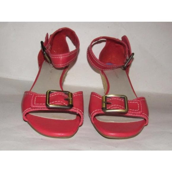 Etienne Aigner Salmon Pink Wedge Sandals with White Stitching