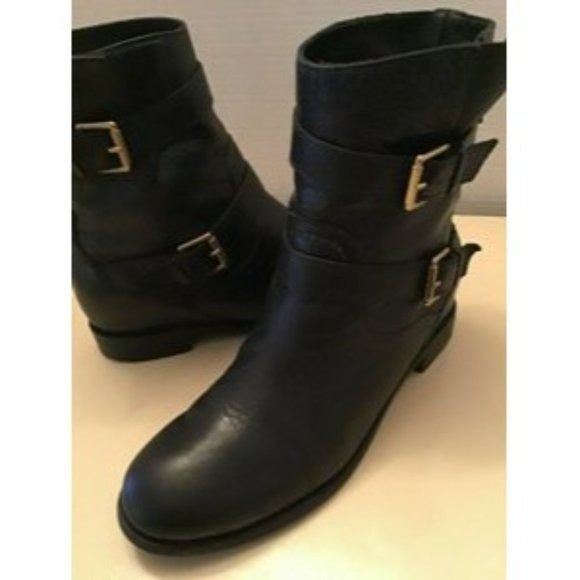 Kate Spade 'Sabina', size 8, black leather biker style ankle boots with pull on closure