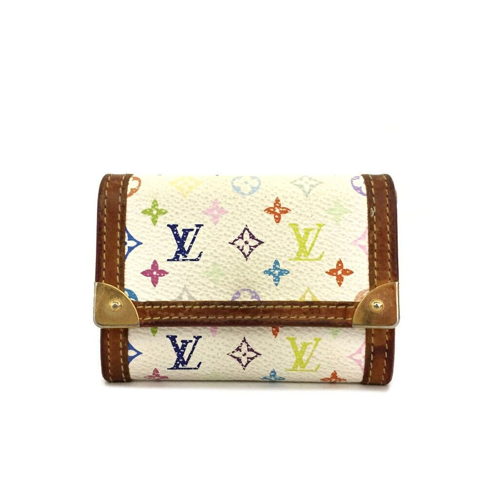Vintage Louis Vuitton petite wallet with multi color logo print on white leather & lots of card slots