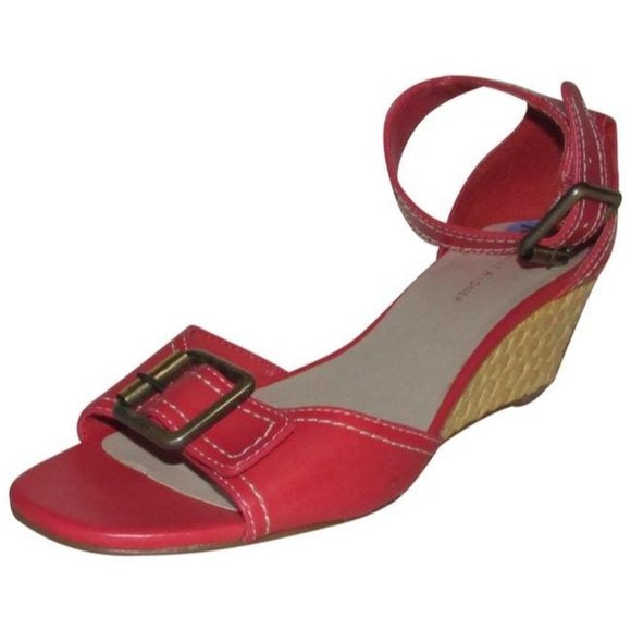Etienne Aigner Salmon Pink Wedge Sandals with White Stitching