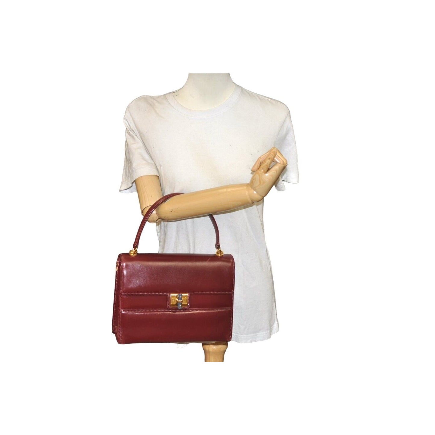 Gucci burgundy top handle Kelly bag w blue lapis clasp & wallet