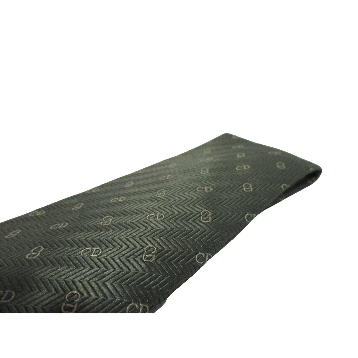 Vintage Christian Dior tie made of 100% textured, olive green silk with a logo print in shades of tan