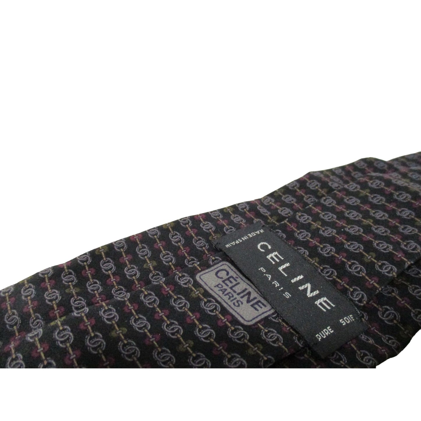 vintage Celine tie made of 100% silk with a logo print in shades of blue with green and red/pink.