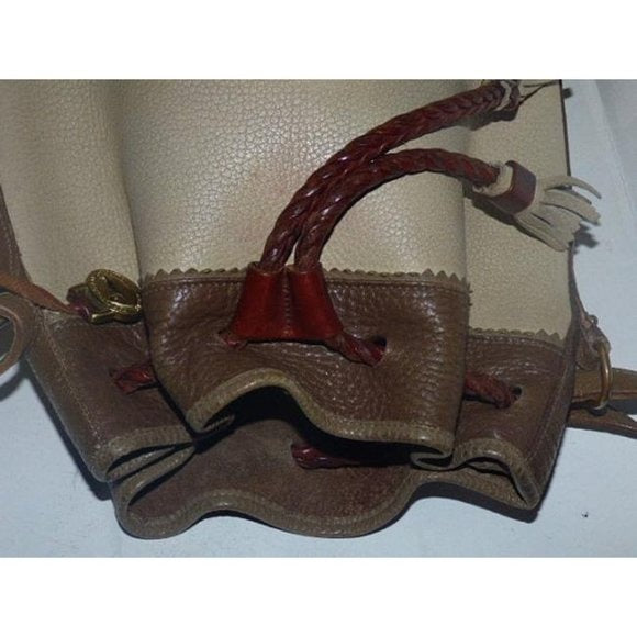 Early Dooney & Bourke, 'Teton' style, taupe, camel, brown leather, large, braided leather, drawstring top, cross body bag